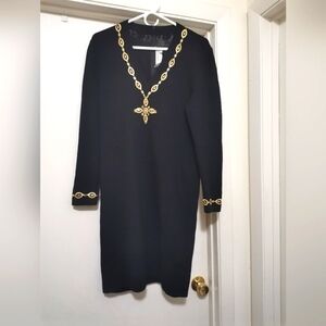 St.John Collection Vintage Embellished Black and Gold Dress
